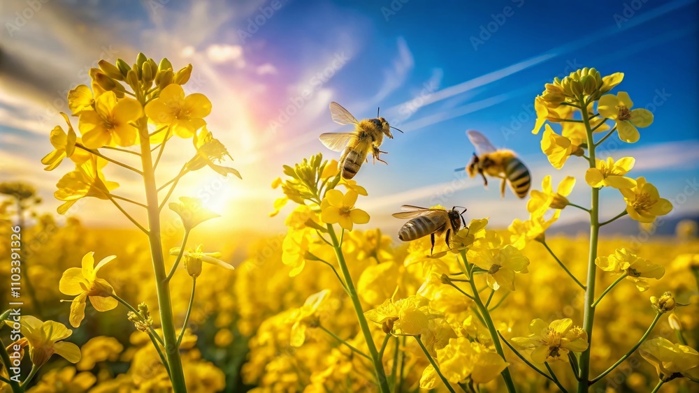Bees Collecting Nectar from Vibrant Rapeseed Flowers in a Sunny Spring Oilseed Field, Showcasing Nature's Beauty and the Importance of Pollinators in Agriculture