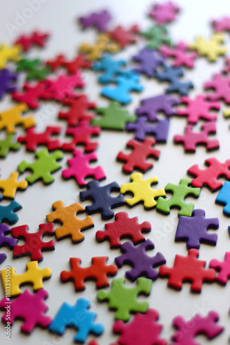 Colorful jigsaw puzzle pieces on white background. Selective focus.