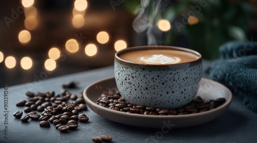 cozy cup of coffee with latte art and beans.