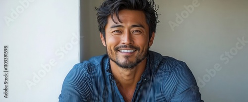 handsome asian man sporting a blue striped shirt and black jeans captured midlaugh against a clean white background exuding confidence and charm in a casual portrait photo