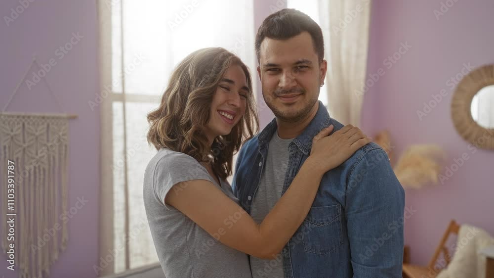 Happy couple hugging in a cozy living room with soft lighting and casual clothing Happy couple hugging in a cozy living room with soft lighting and casual clothing