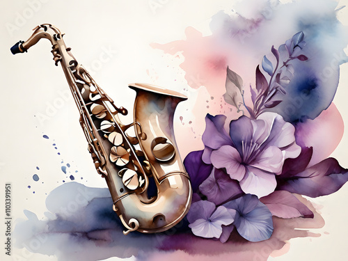 A watercolor painting of a golden saxophone with purple flowers.
