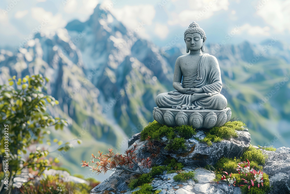 Buddha monument on top of mountain, Hindu religious symbol. Asia sculpture tourist cultural statue. Buddha monument on top of mountain, Hindu religious symbol. Asia sculpture tourist cultural statue.