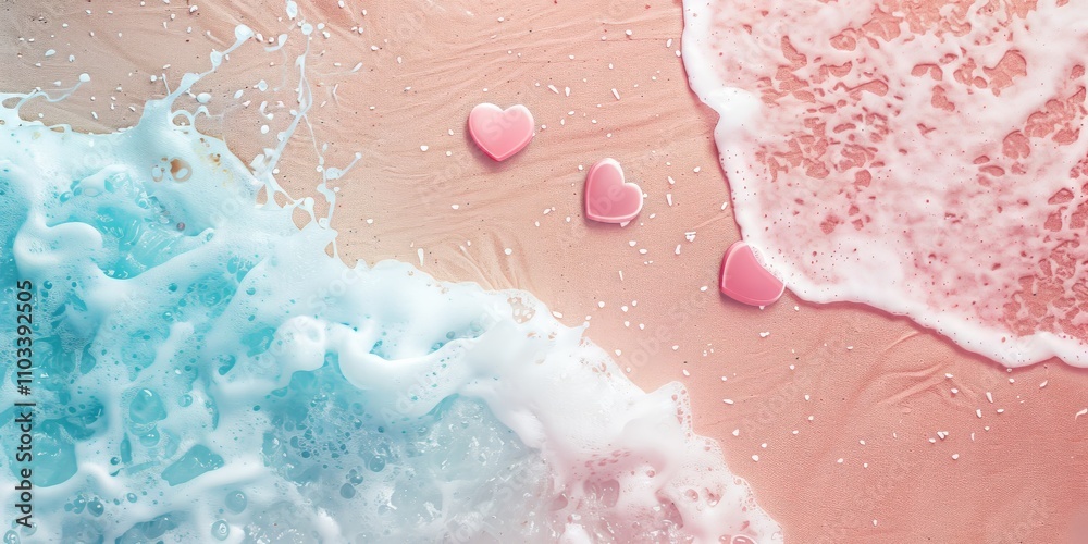 Fototapeta premium Abstract background with heart symbols and beach with sea foam, blue and pink tones.
