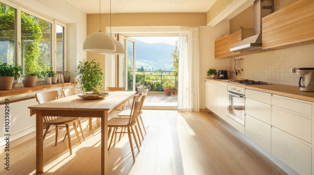 Fototapeta premium Modern open space kitchen and dining room overlooking balcony and valley