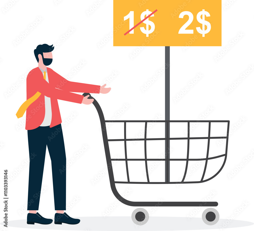 Inflation of goods. Rising food costs and grocery prices raise the cost of supermarkets. vector illustration
Inflation of goods. Rising food costs and grocery prices raise the cost of supermarkets. vector illustration