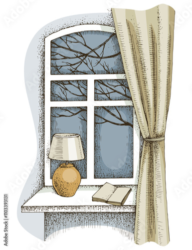 Cozy interior with window and table lamp