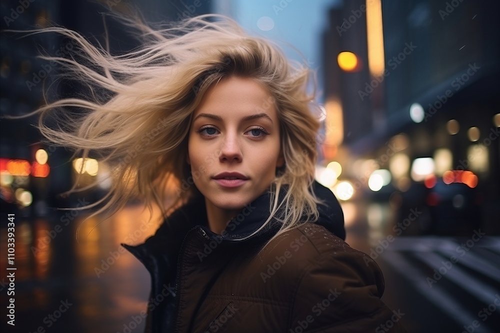 Portrait of beautiful young woman with flying hair in the city at night Portrait of beautiful young woman with flying hair in the city at night