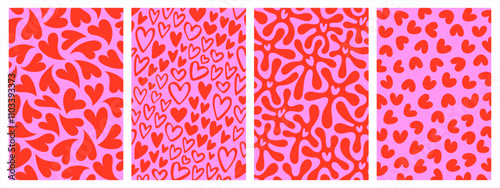 Valentine's day hearts vector trendy modern pink red backgrounds set. Various patterns - fluid, liquid, rounded, doodle hand drawn heart shapes, blots, blotches. Greeting card templates collection.
