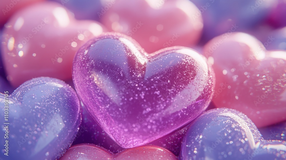 Colorful Heart-Shaped Jelly Candies in Various Shades of Pink and Purple with Sparkling Glitter for Romantic and Sweet Celebrations Colorful Heart-Shaped Jelly Candies in Various Shades of Pink and Purple with Sparkling Glitter for Romantic and Sweet Celebrations