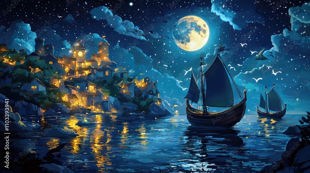 A Coastal Village Under a Full Moon with Sailing Ships A Coastal Village Under a Full Moon with Sailing Ships