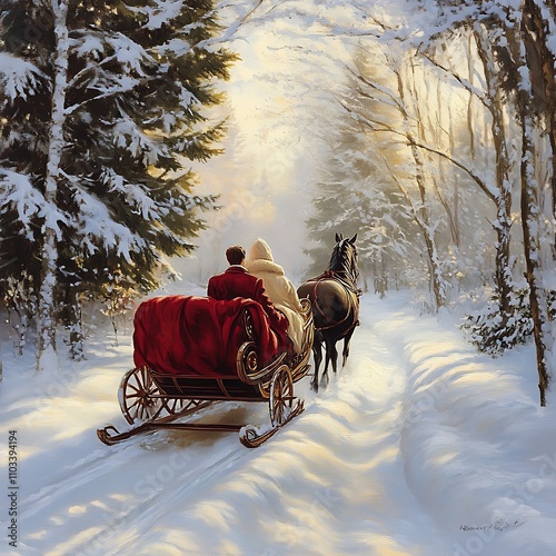 Couple in a horse-drawn sleigh rides through a snowy winter forest.