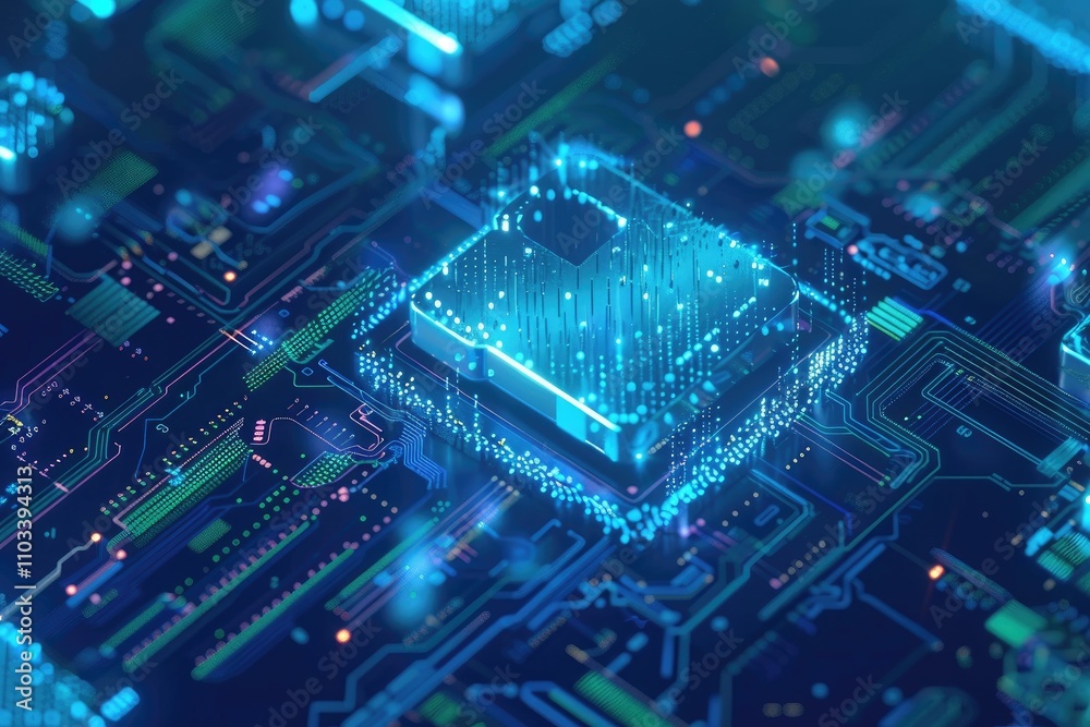 A close-up view of a futuristic microchip on a circuit board, showcasing digital technology. A close-up view of a futuristic microchip on a circuit board, showcasing digital technology.