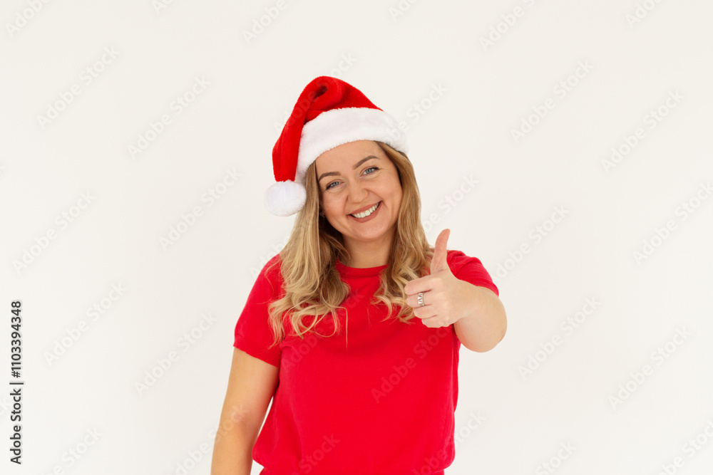 Young funny european woman in red t-shirt and christmas hat showing thumb up and smiling. Happy New Year and Merry Christmas concept Young funny european woman in red t-shirt and christmas hat showing thumb up and smiling. Happy New Year and Merry Christmas concept
