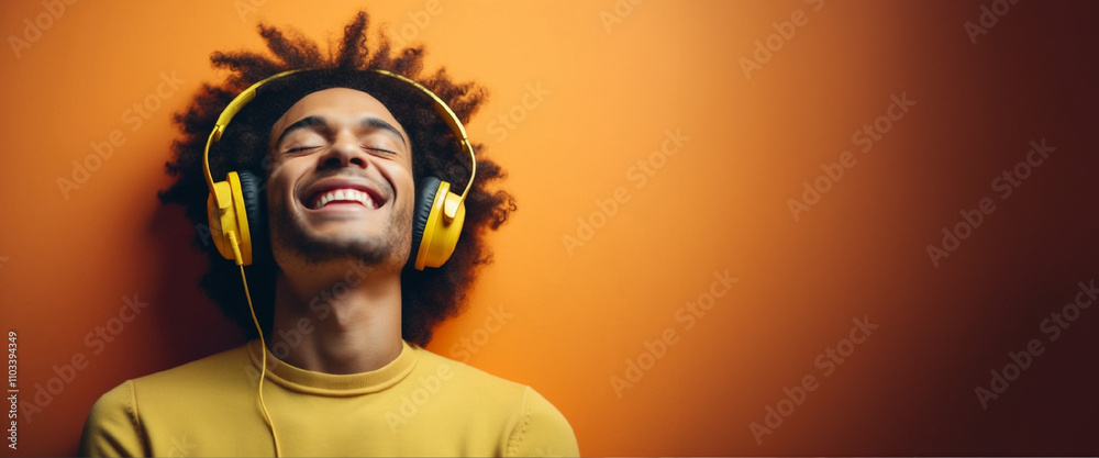 Banner of poyful young man wearing bright yellow headphones, smiling and enjoying music. Vibrant orange background emphasizes happiness, relaxation, and the fun of listening to favorite tunes