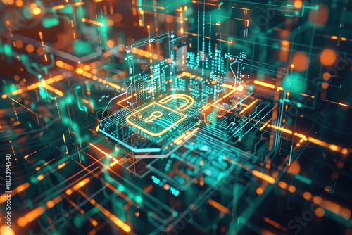A digital representation of cybersecurity with a lock symbol and glowing circuitry.