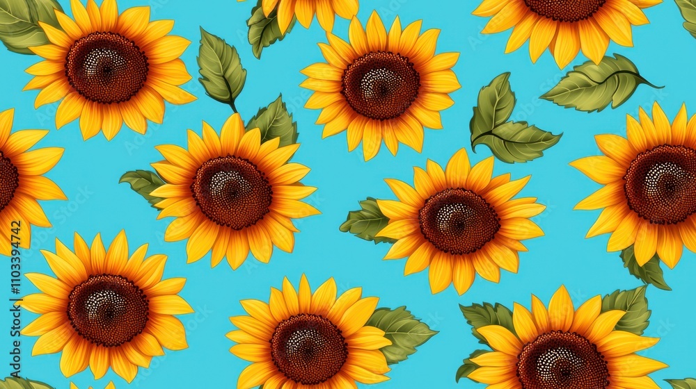 Vibrant Sunflower Field with Bright Yellow Blooms and Green Foliage Against Turquoise Sky Vibrant Sunflower Field with Bright Yellow Blooms and Green Foliage Against Turquoise Sky