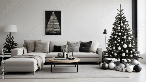 AI GENERATE, A minimalistic Christmas tree with monochrome decorations in a modern living room.