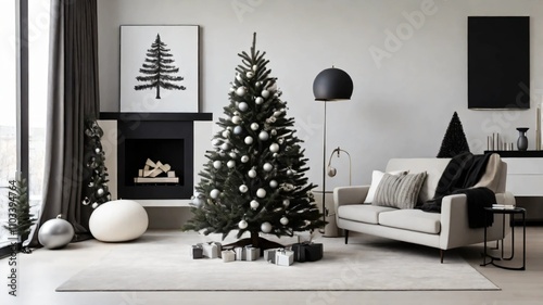 AI GENERATE, A minimalistic Christmas tree with monochrome decorations in a modern living room.