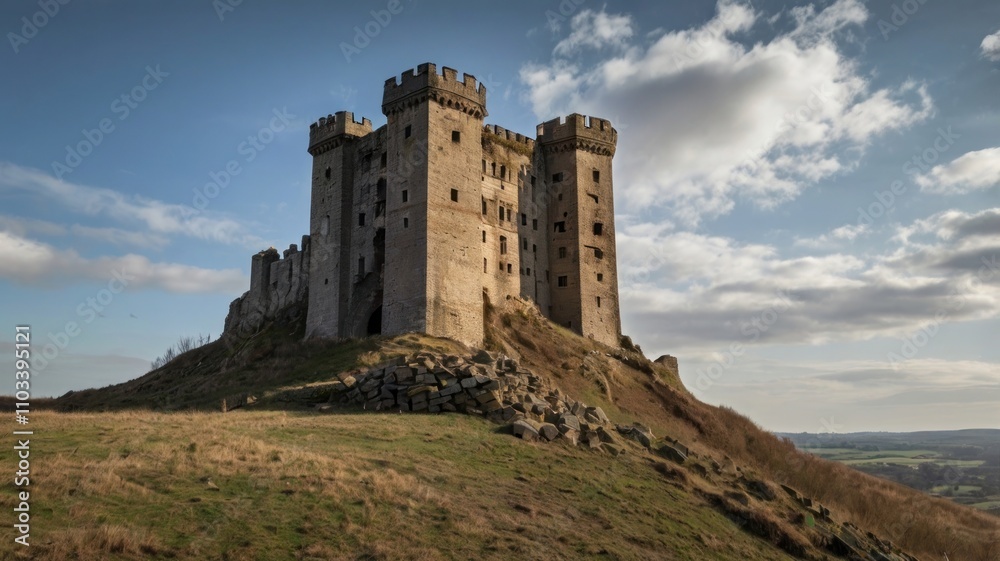 Here's a possible and keyword list for your image... Majestic medieval castle ruin atop a hill under a partly cloudy sky. Here's a possible and keyword list for your image... Majestic medieval castle ruin atop a hill under a partly cloudy sky.