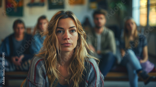 Sad depressed woman at a mental health and addiction support group meeting. Group therapy concept.