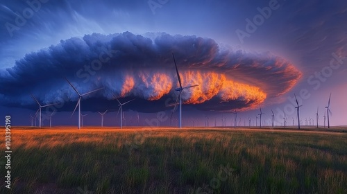 Stunning landscape with wind turbines under dramatic clouds at sunset. photo