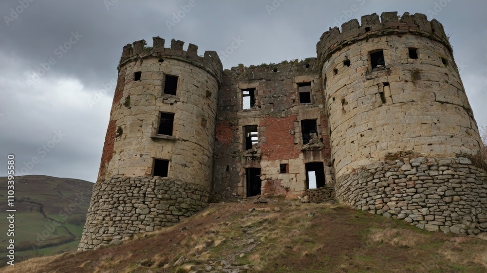 Majestic ruined castle on a hilltop under a stormy sky. Majestic ruined castle on a hilltop under a stormy sky.