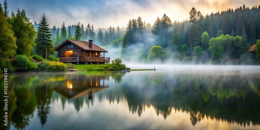 Obraz premium Blurred Image of Educational Lodge at Misty Lake Surrounded by Lush Greenery and Soft Fog, Capturing Tranquil Nature in a Serene and Inviting Atmosphere