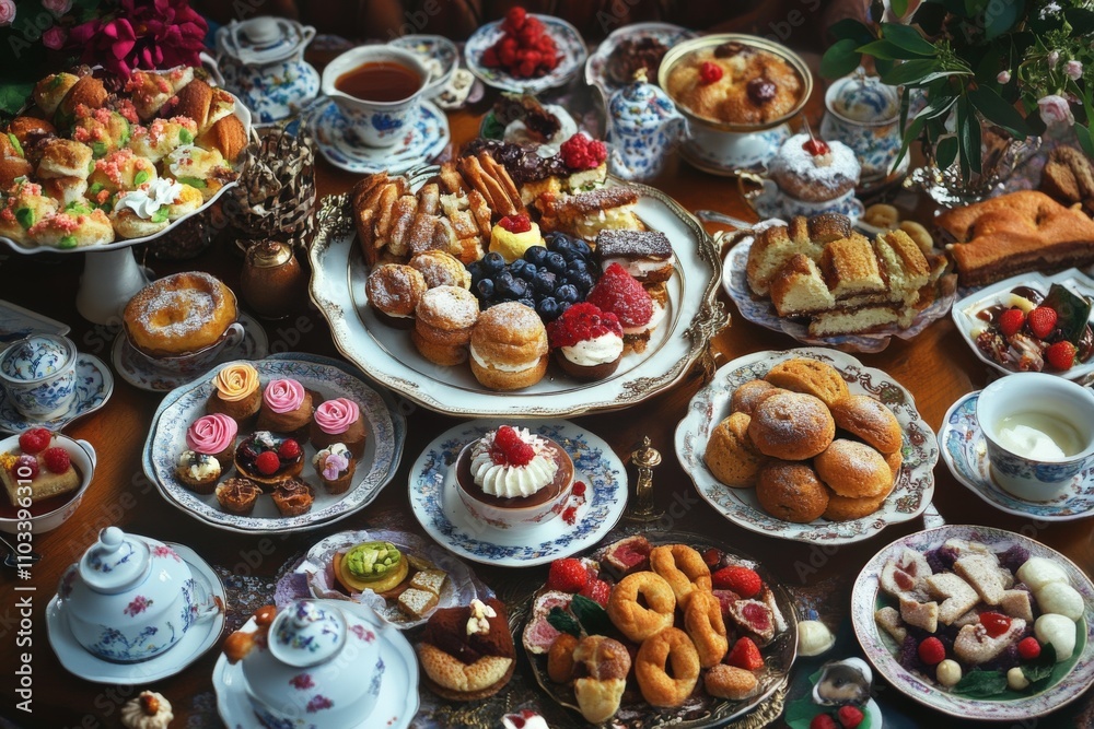 English Afternoon Tea. Delicious Afternoon Tea Ceremony with English Pastries and Assorted Snacks English Afternoon Tea. Delicious Afternoon Tea Ceremony with English Pastries and Assorted Snacks