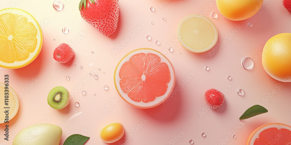Fresh citrus and berries composition with grapefruit and lemon on light pink background Fresh citrus and berries composition with grapefruit and lemon on light pink background