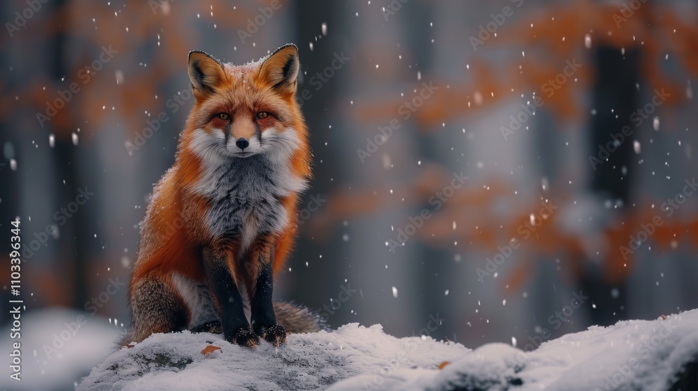Winter season. A red fluffy fox with black paws sits against the background of a winter forest Winter season. A red fluffy fox with black paws sits against the background of a winter forest