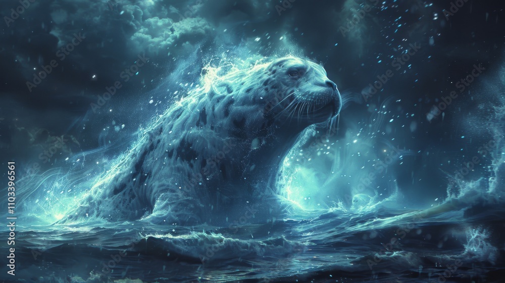 Obraz premium Winter season. The Legendary Winter Creatures . A selkie emerging from the ocean's depths, its shimmering seal skin transforming into a human form as it steps onto the shore.