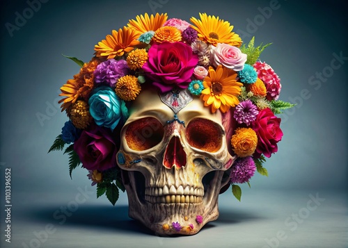 Captivating Skull Adorned with Vibrant Flowers: Unique Product Photography for Artistic Home Decor and Creative Designs photo