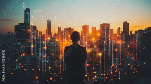 Abstract business man stands on the peak of success amid tall, innovative Smart city and graphs with statistics to analyze business potential and predict future developments in company growth.