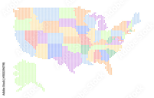 Dotted map of the country United States of America with states in different colors