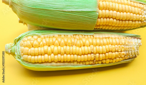 Fotografie Three half peeled yellow corn isolated on yellow pastel background