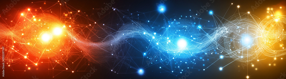 Dynamic abstract background featuring vibrant orange and blue waves, symbolizing energy and connection in digital universe. interplay of light creates captivating visual experience