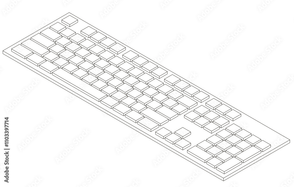 Outline isometric keyboard with numpad in minimalistic volumetric style Outline isometric keyboard with numpad in minimalistic volumetric style