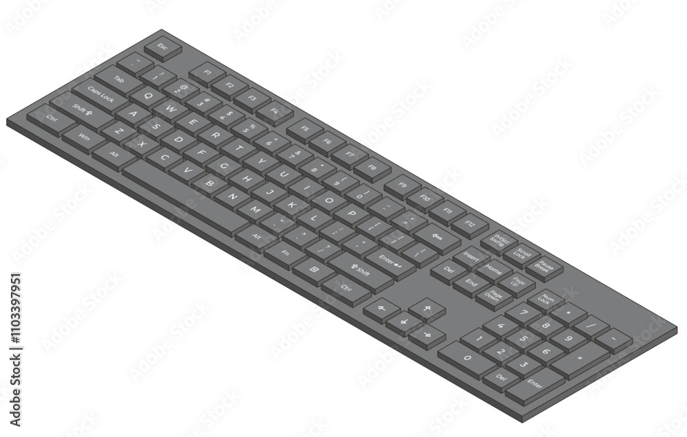 Black isometric keyboard with numpad and letters in minimalistic volumetric style Black isometric keyboard with numpad and letters in minimalistic volumetric style