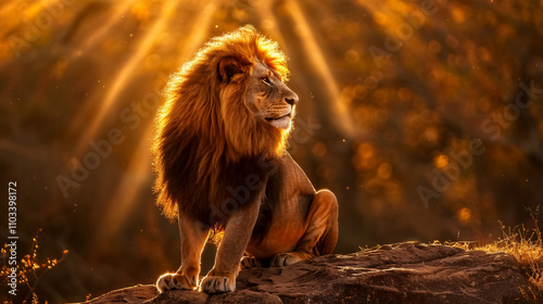 Lion with a mane standing on a rock, with rays of dawn sun. photo