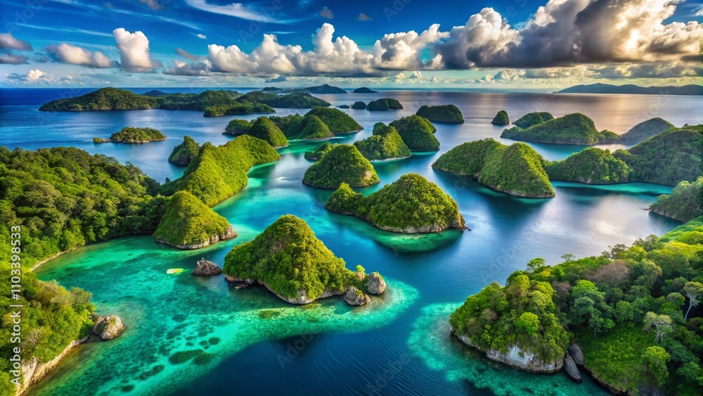 Breathtaking Aerial View of Jungle-Covered Islets in Raja Ampat, West Papua, Indonesia with Lush Greenery and Serene Blue Waters - Perfect for Nature and Travel Enthusiasts Breathtaking Aerial View of Jungle-Covered Islets in Raja Ampat, West Papua, Indonesia with Lush Greenery and Serene Blue Waters - Perfect for Nature and Travel Enthusiasts