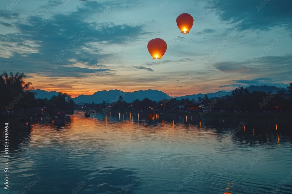 Floating Lanterns. Thai People Release Sky Lanterns to Worship Buddha's Relics in Chiang Mai, Thailand Floating Lanterns. Thai People Release Sky Lanterns to Worship Buddha's Relics in Chiang Mai, Thailand