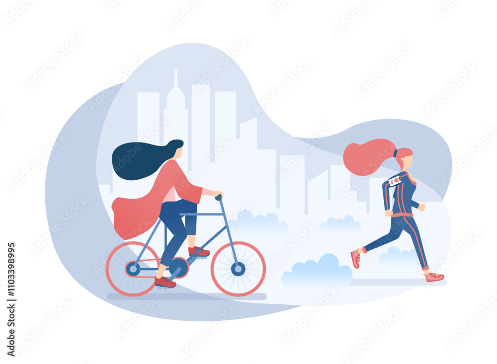 Fototapeta premium Girls Enjoying Leisure on Summer Mornings With Sports Activities in City Central Park such Running & Biking
