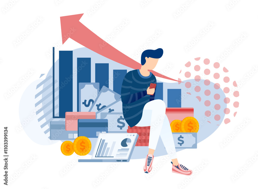 Young Men Use Internet to Manage Riches. Early Financial Investment Management With Mutual Fund, Mobile banking, Develops Business Young Men Use Internet to Manage Riches. Early Financial Investment Management With Mutual Fund, Mobile banking, Develops Business