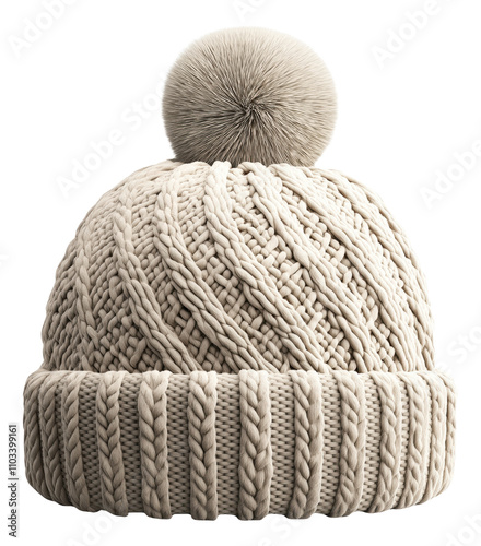 A beige knitted beanie with a pom-pom on top.