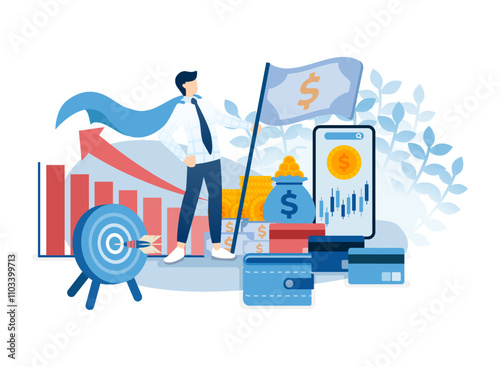 Businessman and Entrepreneur Superhero with Brilliant Career and Finance. Money Flag and All target achieved
