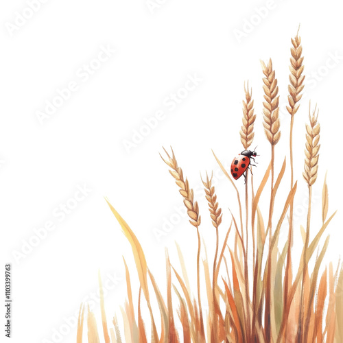 Wheat stalks with a ladybug on a white isolated background.