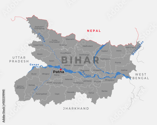 District and River map of Bihar with neighbour state and country