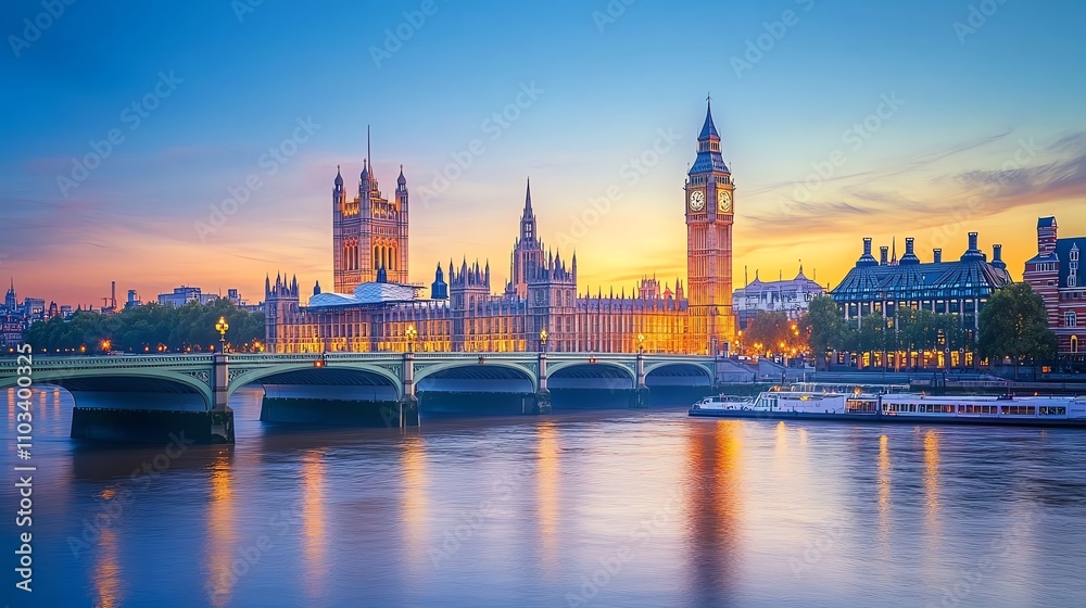 Naklejka premium A view of the Houses of Parliament and Big Ben in London, England.