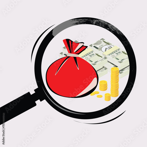 Indian Rupee and money bag set with magnifying glass